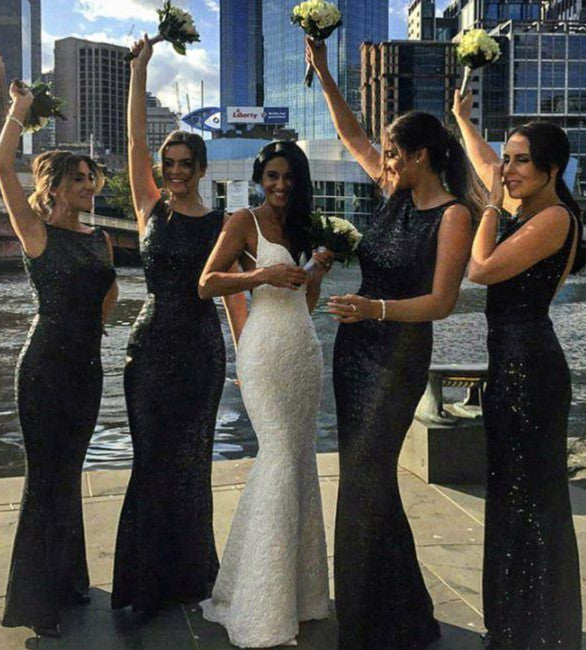 Long Black Sequin Bridesmaid Dresses Mermaid Sleeveless MyChicDress