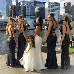 Long Black Sequin Bridesmaid Dresses Mermaid Sleeveless MyChicDress