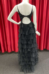 Long Black Tiered Prom Dresses V Neck Straps Beaded Appliques Lace Evening Dress MyChicDress