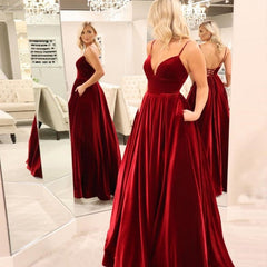 Long Deep V Neck Burgundy Velvet Prom Dresses with Pockets MyChicDress