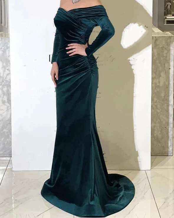 Long Green Velvet 2024 Prom Evening Dresses Mermaid Off Shoulder Formal Dress MyChicDress