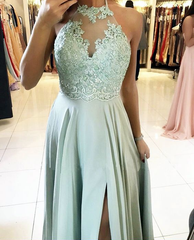 Long Halter Sage Green Prom Dresses Lace Chiffon Formal Dresses MyChicDress