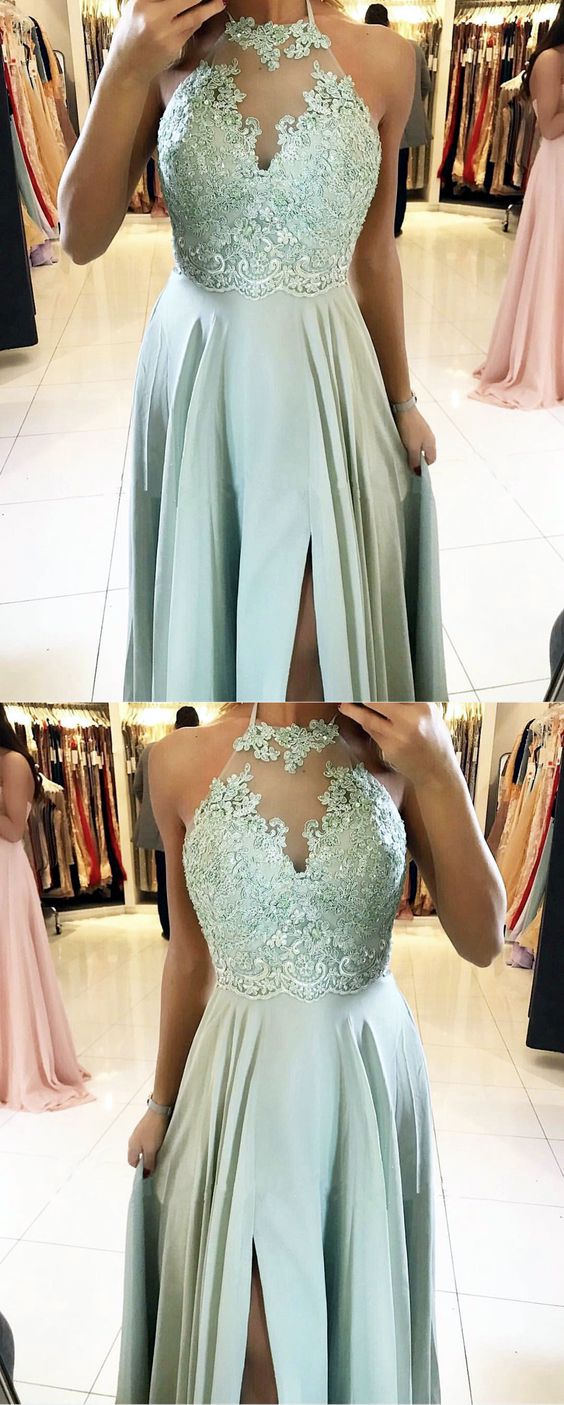 Long Halter Sage Green Prom Dresses Lace Chiffon Formal Dresses MyChicDress