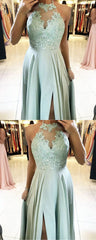 Long Halter Sage Green Prom Dresses Lace Chiffon Formal Dresses MyChicDress