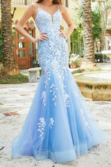 Long Mermaid Blue Evening Gowns Lace Prom Dresses 2025 UK MyChicDress