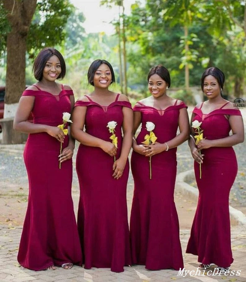 Long Mermaid Burgundy Bridesmaid Dresses 2024 Spaghetti Straps Wedding Guest Dress MyChicDress