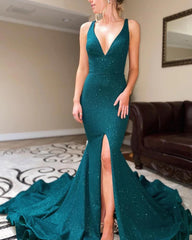 Long Mermaid Green Sequin Prom Dresses V Neck Formal Dress with Split MyChicDress