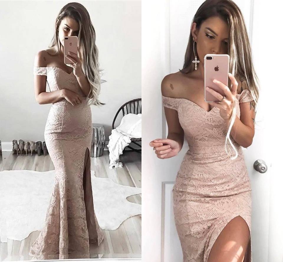 Long Mermaid Lace Prom Dresses Off-the-Shoulder Split Dresses - MyChicDress