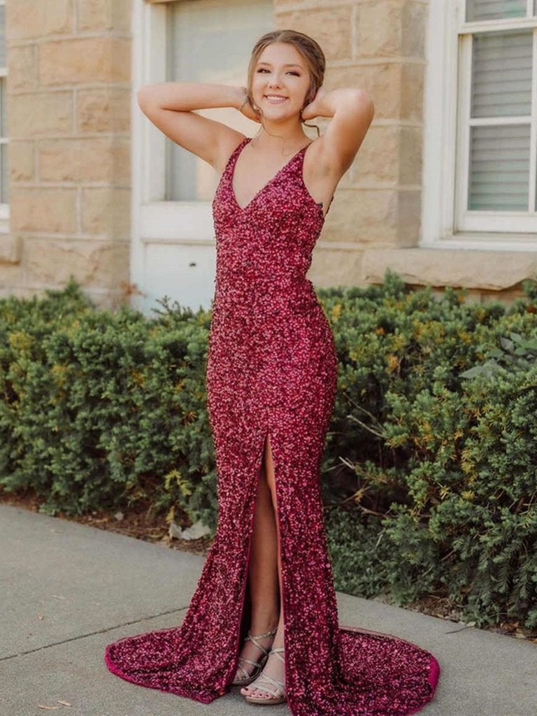 Long Mermaid V Neck Burgundy Sequin Prom Dresses 2024 Sleeveless MyChicDress