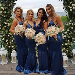 Long Mermaid V Neck Custom Blue Bridesmaid Dresses - MyChicDress