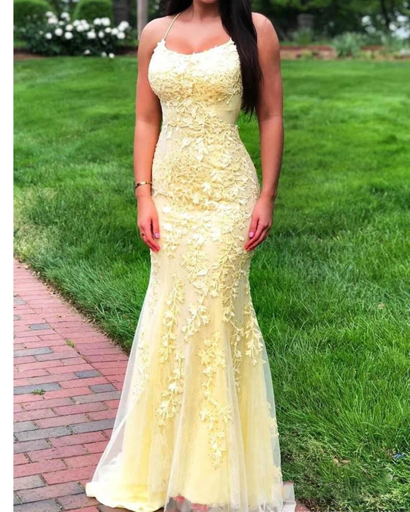 Long Mermaid Yellow Prom Dresses Lace Evening Dress Spaghetti Straps MyChicDress