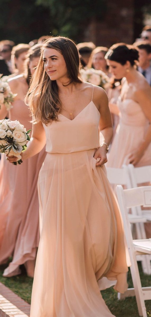 Long Pink Chiffon Bridesmaid Dresses V Neck Spaghetti-straps MyChicDress