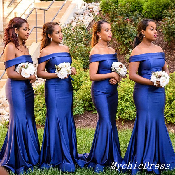 Long Satin Mermaid Bridesmaid Dresses Royal Blue Wedding Guest Dress Off Shoulder MyChicDress