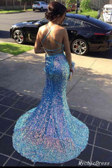 Long Sequin Prom Dresses Blue Deep V Neck Mermaid Evening Gown MyChicDress