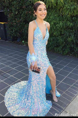 Long Sequin Prom Dresses Blue Deep V Neck Mermaid Evening Gown MyChicDress