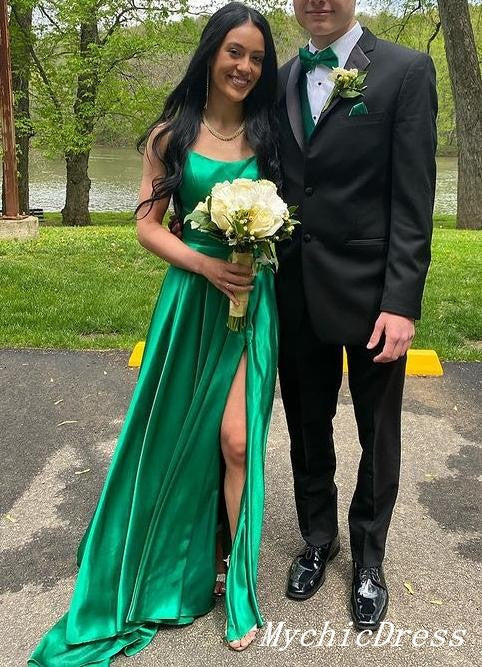 Long Simple Satin Silk Prom Dresses Green Evening Dress with Split MyChicDress