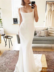 Long Simple Square Satin Ivory Wedding Dresses UK Mermaid MyChicDress