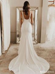 Long Simple Square Satin Ivory Wedding Dresses UK Mermaid MyChicDress