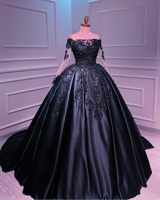 Long Sleeve Ball Gown Lace Appliques Plus Size Satin Wedding Dresses UK US18W Navy Blue