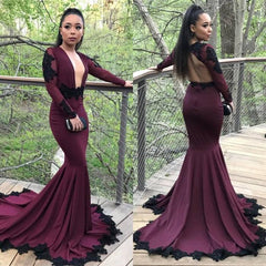 Long Sleeve Deep v-neck Burgundy Prom Dresses - MyChicDress