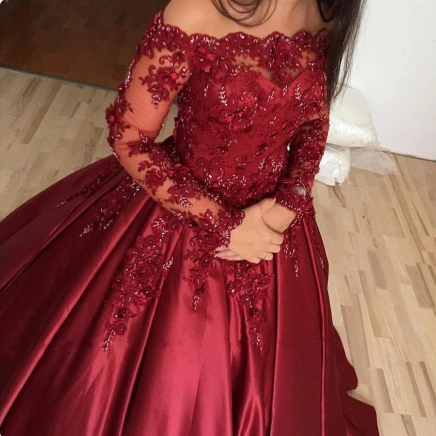 Long Sleeves Ball Gowns Burgundy Wedding Dresses Lace Quinceanera Dresses MyChicDress