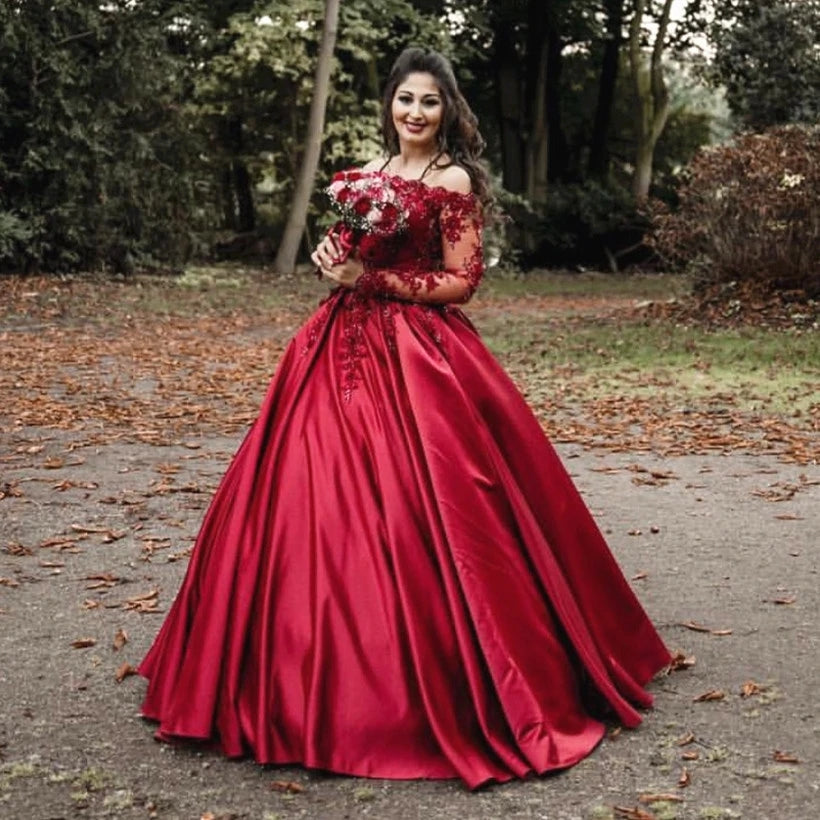 Long Sleeves Ball Gowns Burgundy Wedding Dresses Lace Quinceanera Dresses MyChicDress