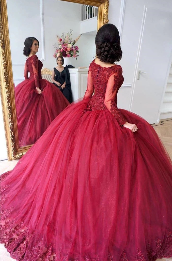 Long Sleeves Ball Gowns Wedding Dresses Lace Maroon Quinceanera Dresses MyChicDress