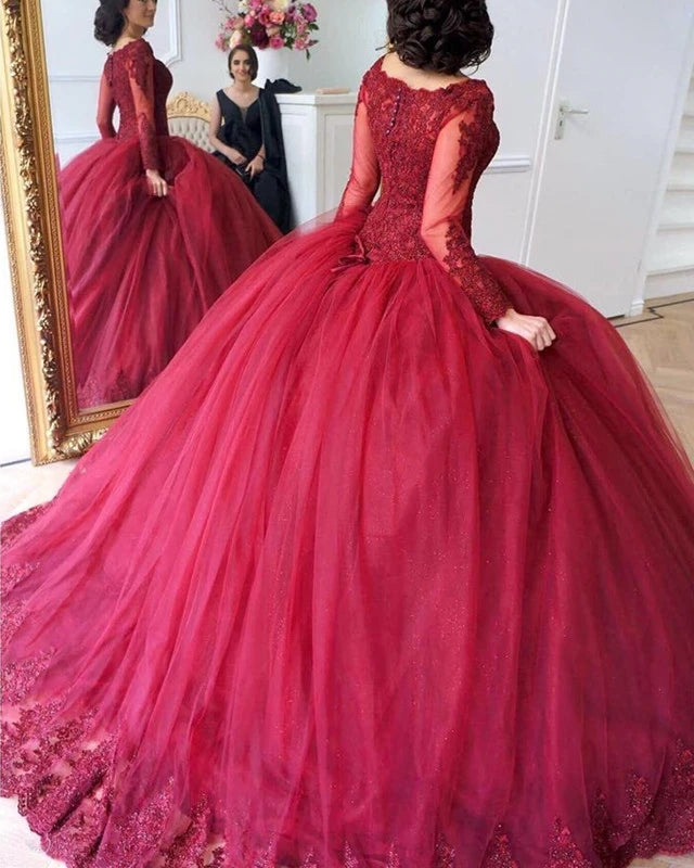 Long Sleeves Ball Gowns Wedding Dresses Lace Maroon Quinceanera Dresses MyChicDress