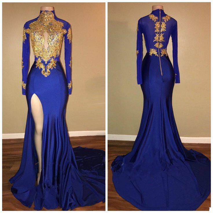 Long Sleeves Blue Gold Prom Dresses 2024 Side Slit Evening Gowns - MyChicDress