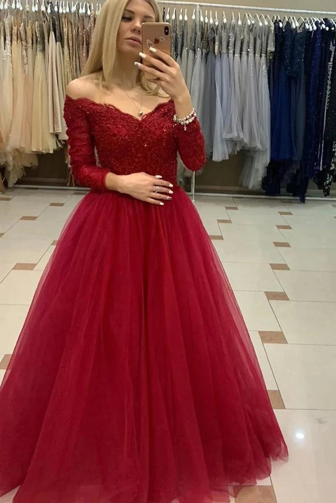 Long Sleeves Burgundy Prom Dresses Lace Off Shoulder Tulle Formal Evening Dresses MyChicDress