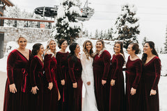 Long Sleeves Burgundy Velvet Bridesmaid Dresses for Fall Winter Wedding MyChicDress