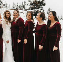 Long Sleeves Burgundy Velvet Bridesmaid Dresses for Fall Winter Wedding MyChicDress