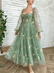 Long Sleeves Light Green Embroidered Tulle Prom Dress Corset MyChicDress