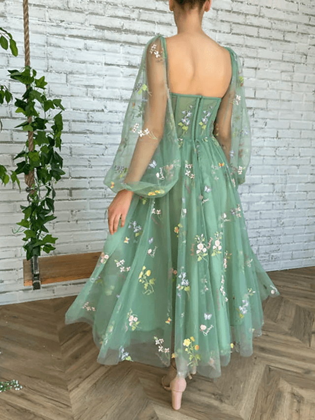 Long Sleeves Light Green Embroidered Tulle Prom Dress Corset MyChicDress