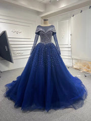 Long Sleeves Navy Blue Wedding Dresses Crystals Sequined Ball Gown Quince Dresses MyChicDress