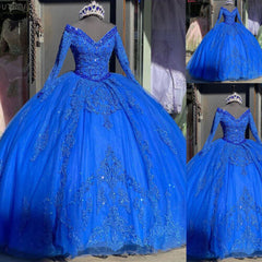 Long Sleeves Royal Blue Quinceanera Dresses V Neck Beaded Mexican Sweet 16 Dress MyChicDress