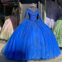 Long Sleeves Royal Blue Quinceanera Dresses V Neck Beaded Mexican Sweet 16 Dress MyChicDress