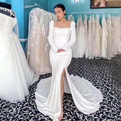 Long Sleeves Square Neck Satin Wedding Dresses Mermaid High Side Split Backless MyChicDress