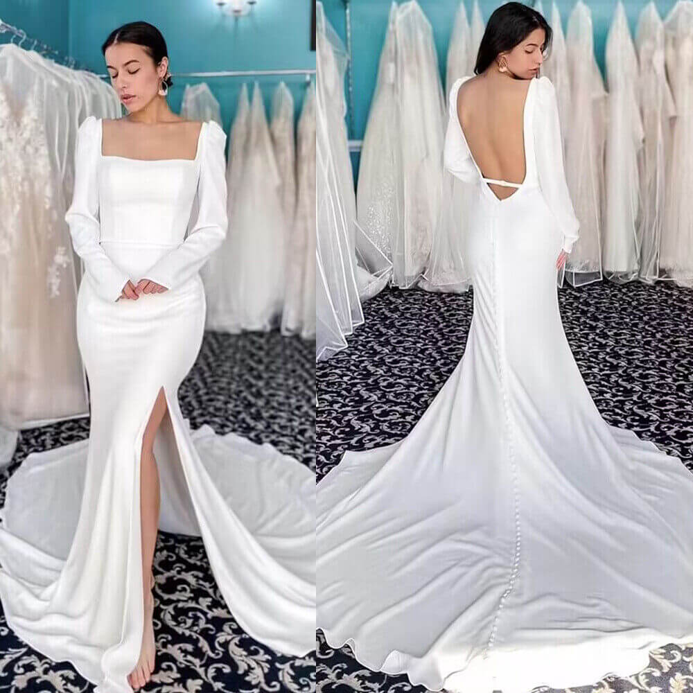 Long Sleeves Square Neck Satin Wedding Dresses Mermaid High Side Split Backless MyChicDress