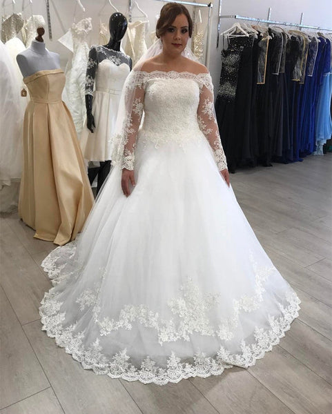 Cheap Lace Tulle Plus Size Wedding Dresses Long Sleeves V Neck Backles –  MyChicDress