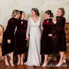 Long Sleeves Wine Burgundy Velvet Bridesmaid Dresses Short High Neck MyChicDress