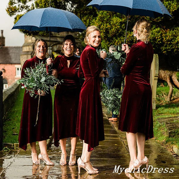 Long Sleeves Wine Burgundy Velvet Bridesmaid Dresses Short High Neck MyChicDress