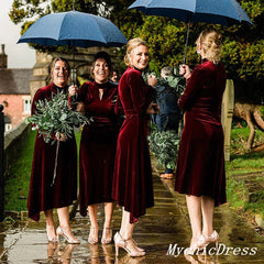 Long Sleeves Wine Burgundy Velvet Bridesmaid Dresses Short High Neck MyChicDress