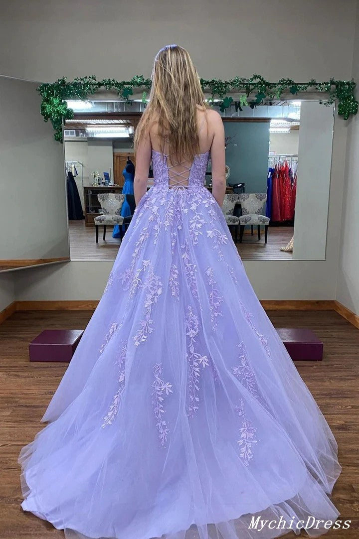 Long Strapless Lace Prom Dresses Purple Floor Length Evening Dress MyChicDress