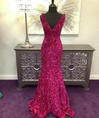 Long V Neck Fuchsia Prom Dress Sequin Mermaid Formal Graduation Dresses MyChicDress