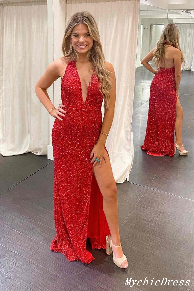 Long V Neck Halter Sequin Prom Dresses 2025 Red Evening Gown with Split MyChicDress