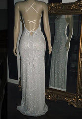 Long White Sequin Prom Dresses 2025 Cross Back Halter Evening Gown MyChicDress