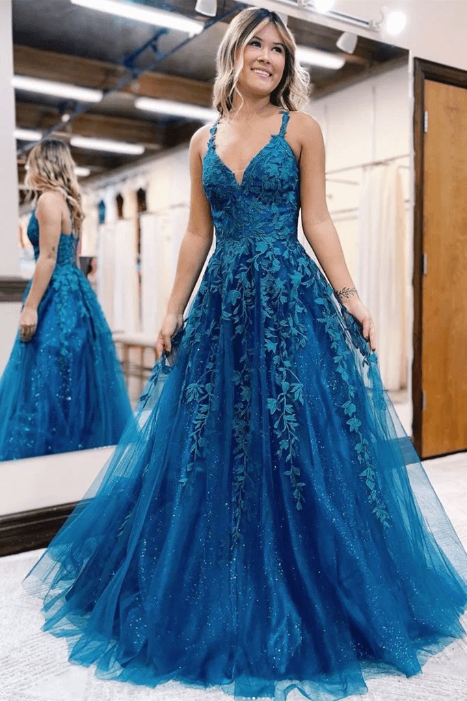 2024 Long Blue Lace Prom Dresses V Neck Formal Evening Dresses Open Ba –  MyChicDress