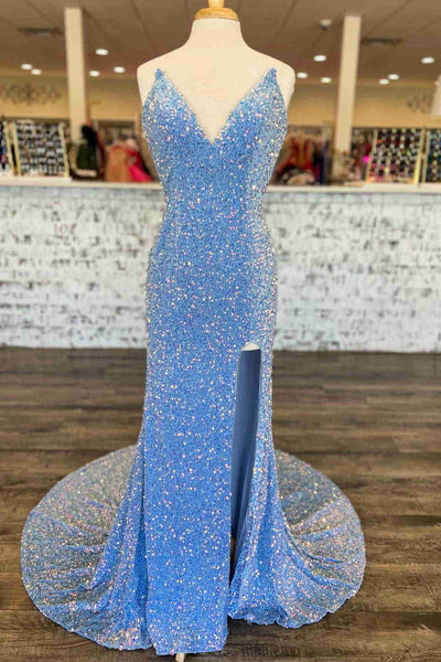 2024 Royal Blue Sequin Prom Dresses V-Neck Tight Long Formal Wedding G –  MyChicDress