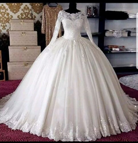 Long Sleeve Ball Gown Muslim Wedding Dress UK Beaded Lace Bridal Wear ...